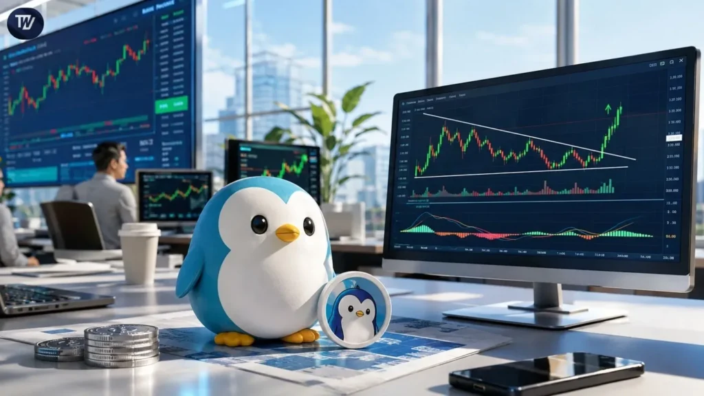 PENGU Stamp Eyes $0.43 Breakout After Descending Wedge Formation